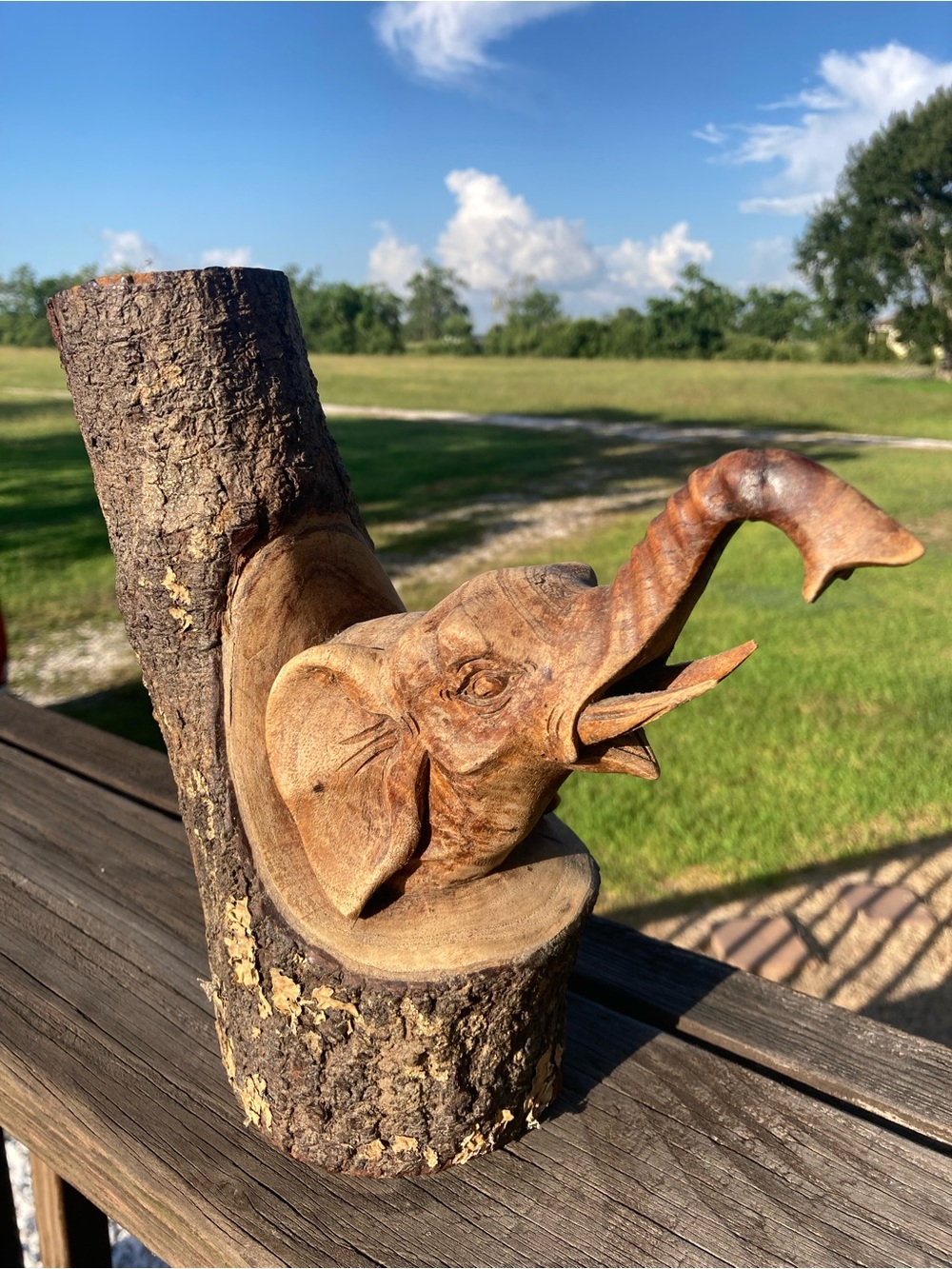 Hand Carved Wooden Elephant Sculpture Rustic Log Base Folk Art Wildlife Decor